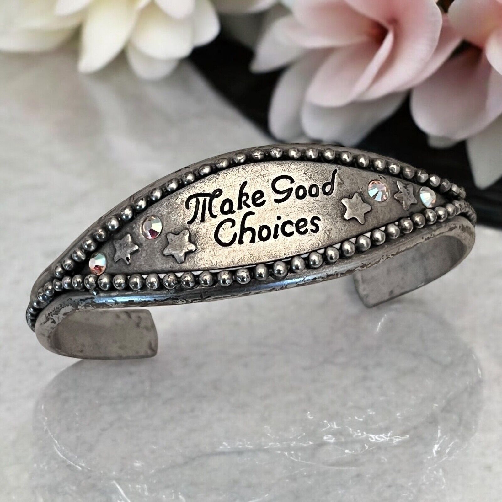 New Kirks Folly Cuff Bracelet Make Good Choices Antique Silver Tone Crystal 13g